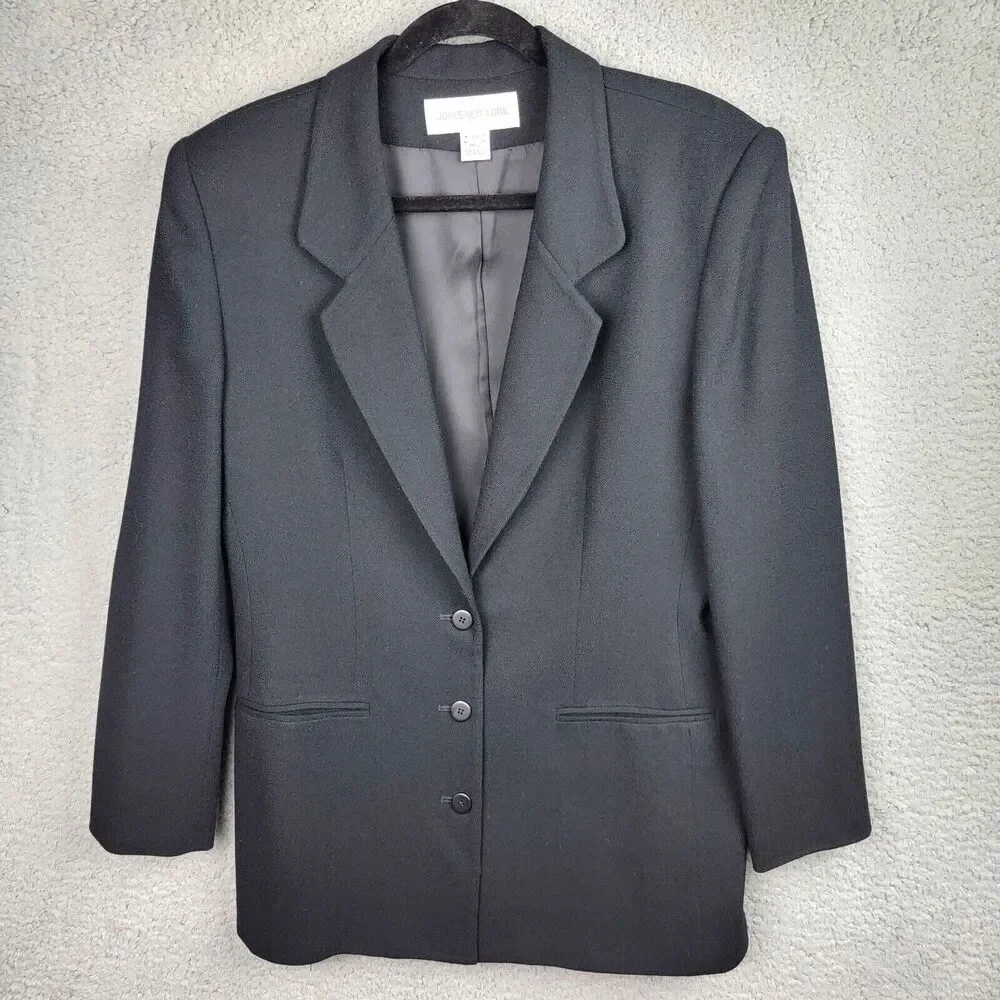 Jones New York Womens Blazer 10 Black Worsted Wool Made In USA Classic Longline